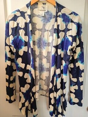 Tabitha | Open-Front Cardigan in Navy, Cream & Teal Abstract Print | S